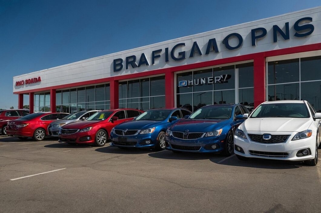 Showroom with multiple cars outside